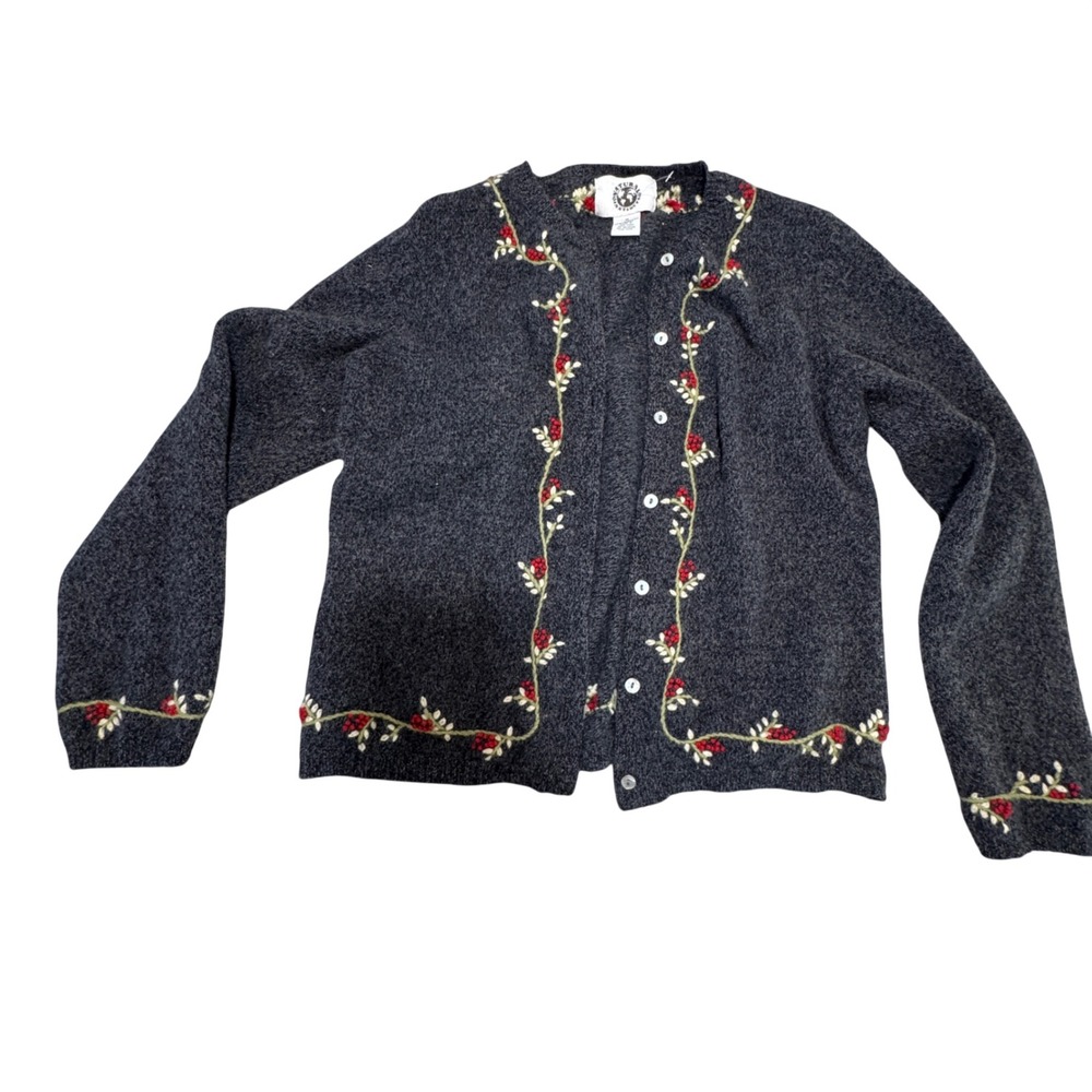 VTG Natural Instincts Cardigan Women M Lambswool Floral Embroidered Cottage Gran